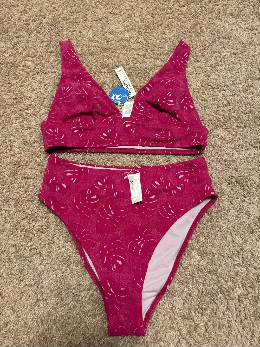Fuchsia Textured Two-Piece Bikini Set Size Large Cupshe NWT